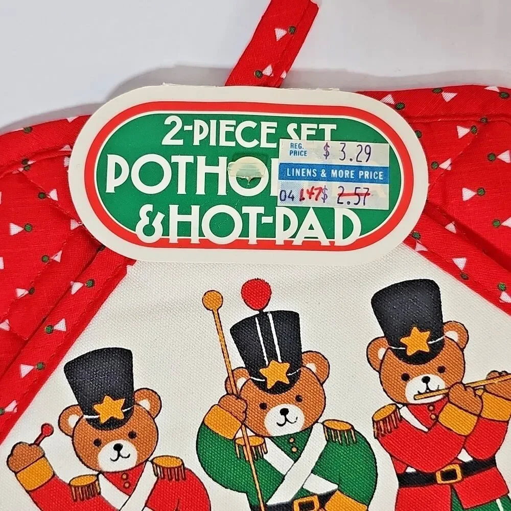 Vtg B & D Christmas Pot Holder Hot Pad Set NOS Teddy Bear Band Holiday Kitchen